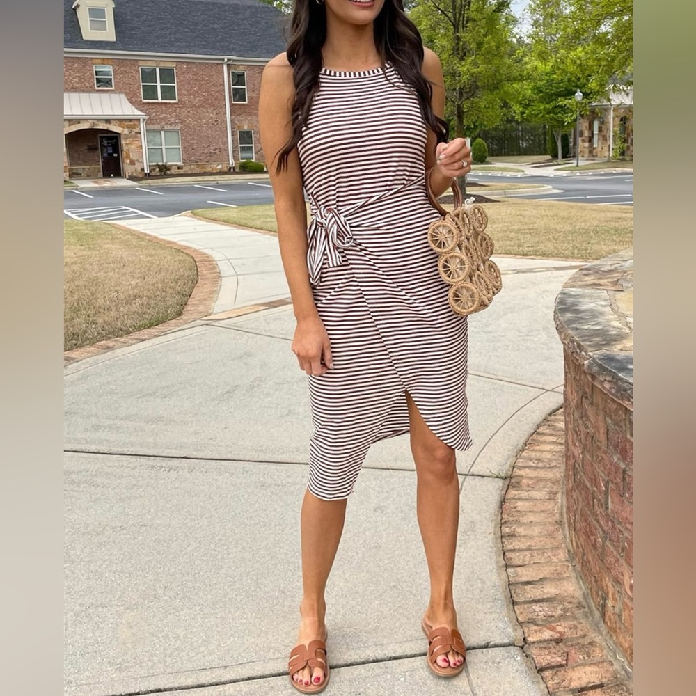 Striped Midi Tie-Waist Dress in Brown and White